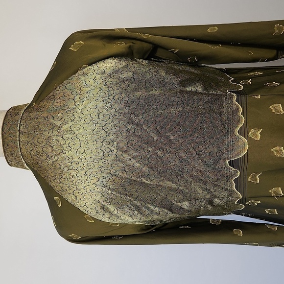 Womens Olive Green Silk Blend Metallic Thread Mandarin Collar Floral Print Kurta - Picture 12 of 16